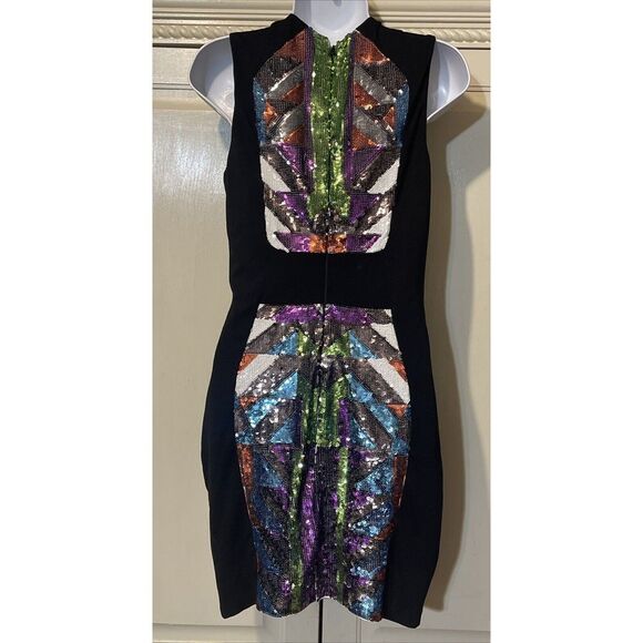 Bebe Dress Women Medium Black Colorful Symmetrical Sequined New Years Party - Picture 3 of 7